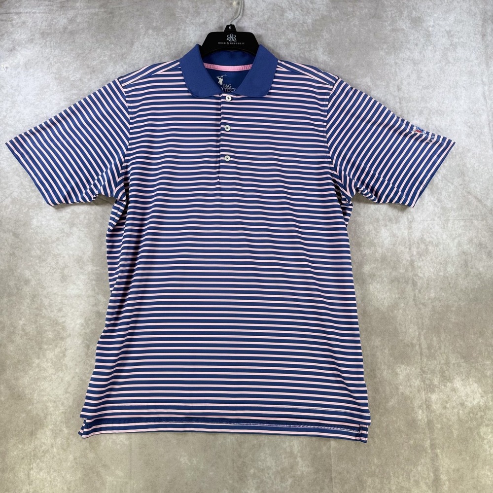 F&G Tech Polo Shirt Men Medium Purple Striped Performance Golf Embroided Stretch